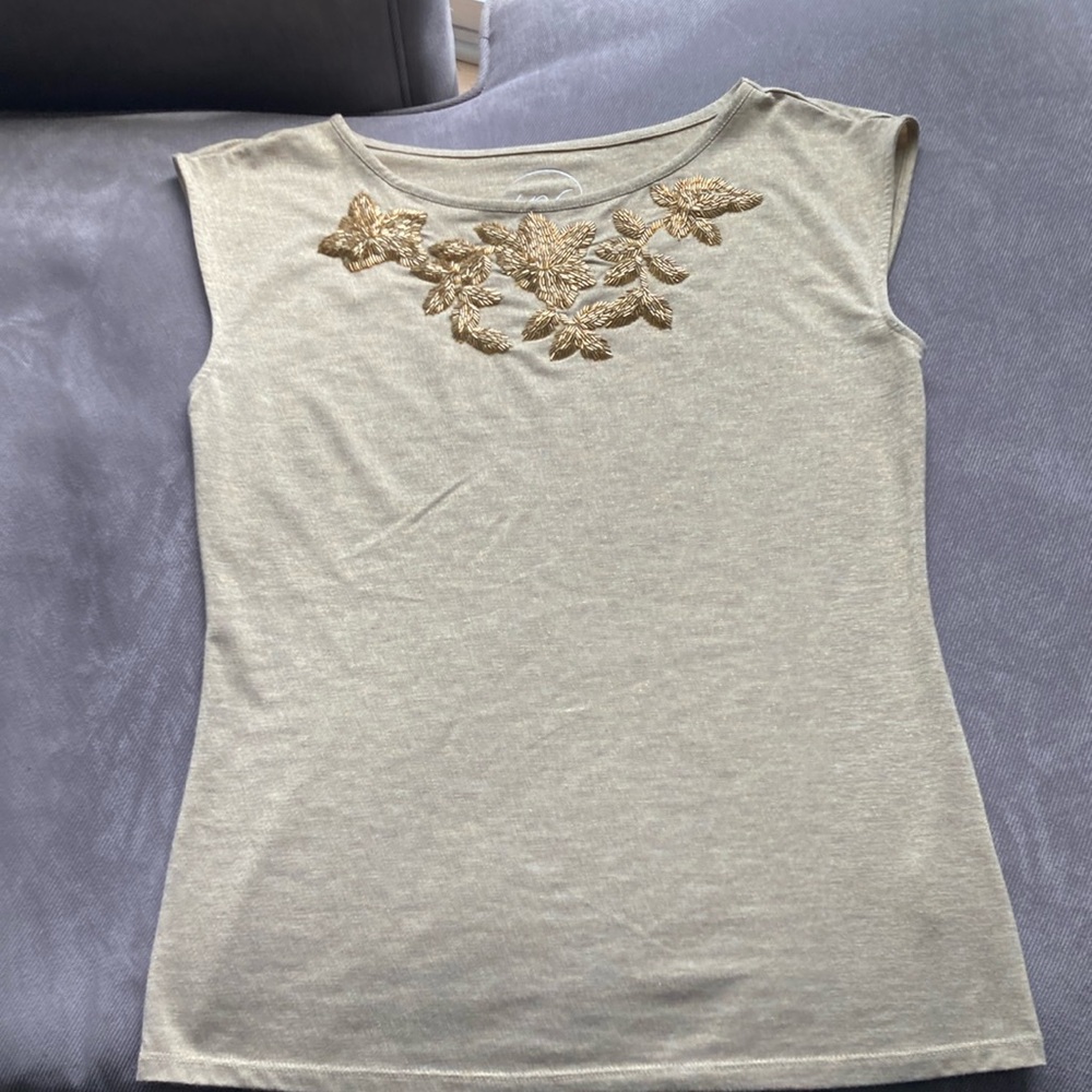 INC International Concepts Cream Embellished Fitted T-Shirt